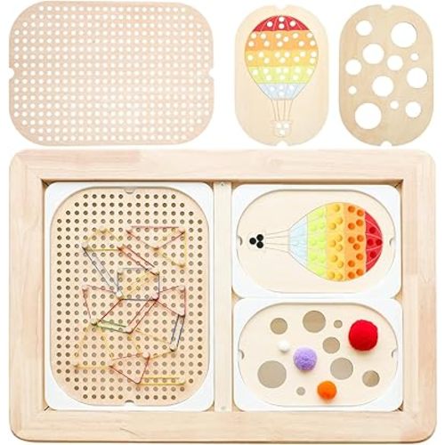 IEATFO 3-Pack Wooden Sensory Boards - Sensory Table Large and Small Storage Box Inserts - Pegboard, Size & Color Cognitive Boards - Accessories Include Wooden Pegs, Elastics, Pompoms