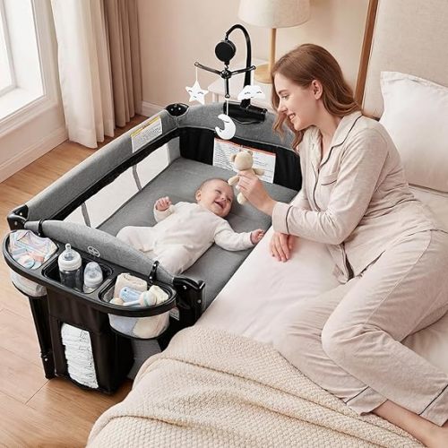 Kinder King 4 in 1 Portable Baby Playard, Foldable Baby Bedside Crib w/Bassinet, Infant Pack and Play Playard Toddler Large Playpen, Newborn Changing Table, Storage Basket, Grey