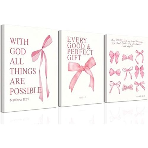 3 Pcs Coquette Pink Bow Canvas Wall Art Inspirational Bible Verses Bow Posters Wall Decor Pink Bow Room Pictures Prints Aesthetic for Girls Room Living Room Bedroom Bathroom Dorm 12x16 Inch Framed