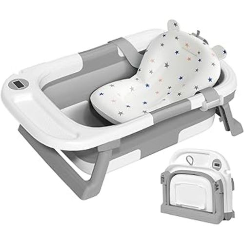 Collapsible Baby Bathtub,Baby Bath Tub with Thermometer & Soft Cushion,Baby Bathtub for Newborn to Toddler 0-36 Months,Portable Travel Baby Tub with No-Slip Feet,Baby Shower Gifts,Grey
