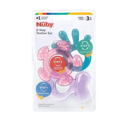 Nuby 3 Step Soothing Teether 3 Piece Set- Front, Middle, Back Teeth Teething- Pink/Purple, 3 m+