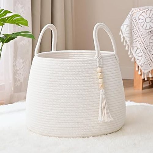 Large Nursery Hamper, 30L Blanket Basket with Handle, Baby Laundry Basket for Gift, Toy, Clothes, Woven Storage Basket with Wooden Bead Decor, Baby Hamper for Nursery (White)