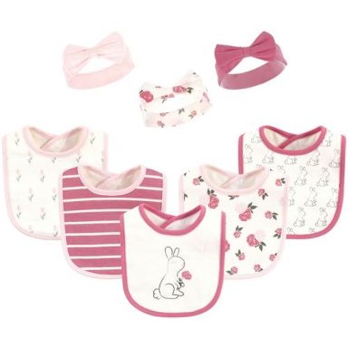 Hudson Baby Infant Girls Cotton Bib and Headband or Caps Set 8pk, Pink Bunny, One Size