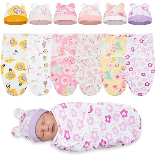 Ramede 6 Pack Preemie Swaddle Blanket with Hats Sleep Swaddle for Baby Boy Girl Preemie Newborn Sacks Soft Cotton Wearable (Flower,Colorful)
