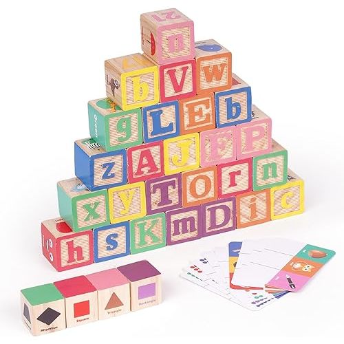 Wooden ABC Building Blocks for Toddlers,30 PCS Montessori Alphabet & Number Learning Toy with Matching Cards, Preschool Educational Toy for Stacking, Counting, Sensory Play, Gifts for Kids Boys Girls