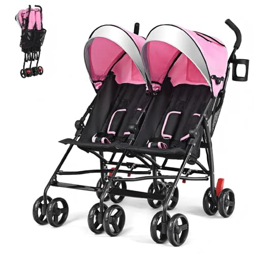 HONEY JOY Double Umbrella Stroller, Side by Side Lightweight Baby Stroller w/ 5-Point Safety Harness, Adjustable Canopy & Storage Bag, Travel-Friendly Fold, Compact Twin Stroller for Infant (Pink)