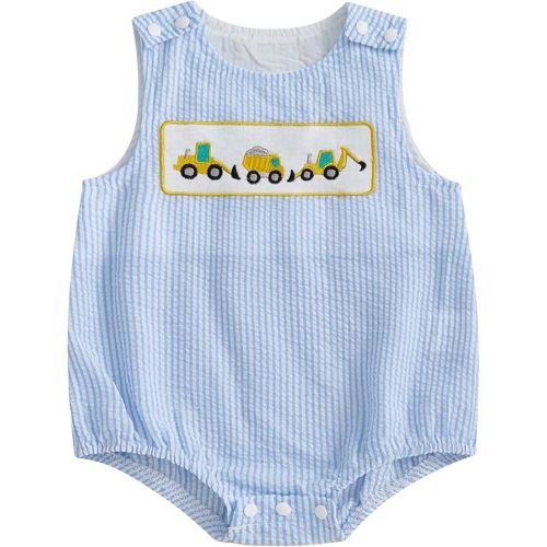 Newborn Baby Boy Construction Clothes Excavator Embroidery Sleeveless Seersucker Bubble Romper Bodysuit Summer Outfit