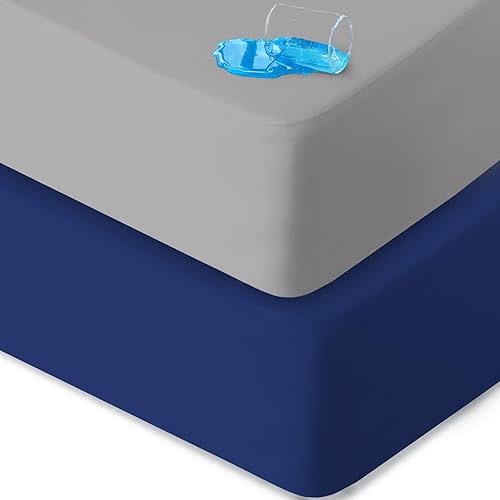 Crib Sheets Waterproof 2 Pack, Crib Mattress Protector, Toddler Fitted Crib Sheet Neutral, Ultra Soft & Breathable Toddler Bed Sheets for Boys and Girls, Grey & Navy