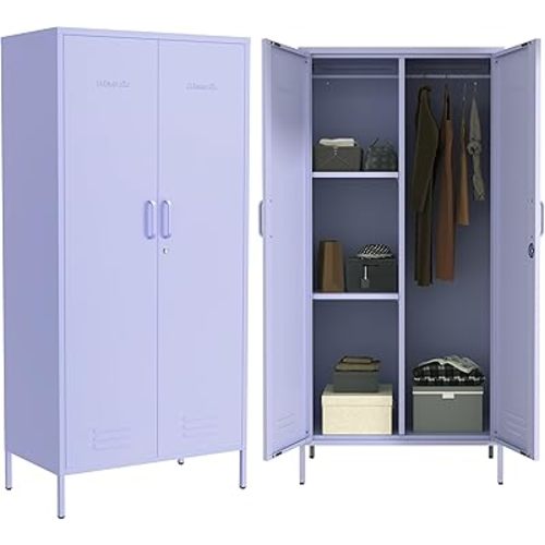2 Door Wardrobe 67 Inch Purple Metal Storage Cabinet With Hanging Rod Office Double Door Lockable Metal Adjustable Shelves Armoire Bedroom Home Office Storage Cabinet Size： 67"H X 31.5"W X 18.1"D