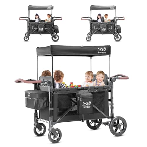 Rovique 4 Seater Wagon Stroller – Deluxe Quad Wagon for 4 Kids with Snack Trays,All-Terrain Wheels,Push Handle, Canopy,Aluminum Frame – Gift for Baby Showers,New Parents,Birthdays