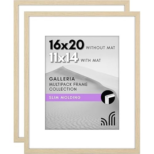Americanflat 16x20 Picture Frame with Polished Plexiglass - Set of 2 - Use as 11x14 Frame with Mat or Display 16x20 Photo Without Mat - Galleria Collection - Picture Frames for Wall - Natural Oak