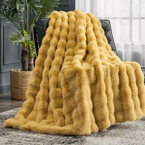 Cozy Bliss Faux Fur Throw Blanket for Couch, Fuzzy Soft Plush Thick Bubble Blanket for Sofa Bedroom Living Room, 60 * 80 Inches Yellow