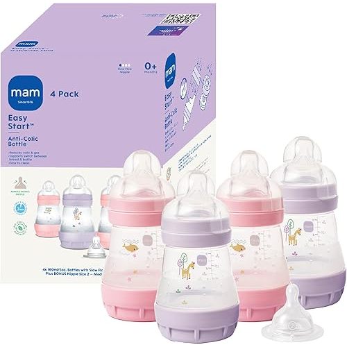 MAM 5oz Easy Start Anti-Colic Baby Bottles, Slow Flow with Bonus Medium Flow Nipple, Reduces Colic, Gas, & Reflux, Easy-to-Clean, BPA-Free, Baby Bottles for Newborns, 0-3 Months