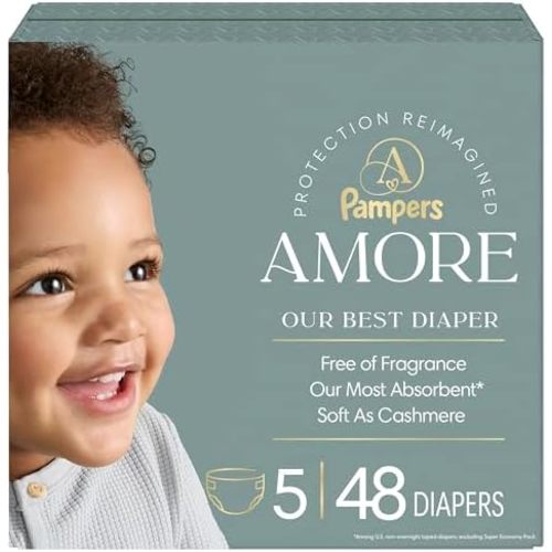 Pampers Amore, Size 5 (20-37 lbs), 48 Count, Our Best Diaper – Hypoallergenic & Fragrance Free, Up to 100% Leakproof, Soft as Cashmere