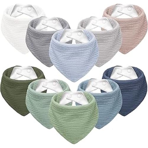 Susurration Muslin Baby Bibs 10Pack Baby Bandana Drool Bibs Soft Adjustable Newborn Bibs for Unisex Baby Girls & Boys (Bluegreen)