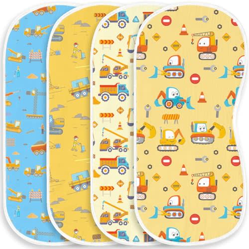 4 Pack Baby Burp Cloths for Boys Girls, Soft Cotton, Construction Excavator Theme Design, Super Absorbent Baby Burping Cloths for Newborns, Machine Washable and Reusable Baby Spit-Up Cloths