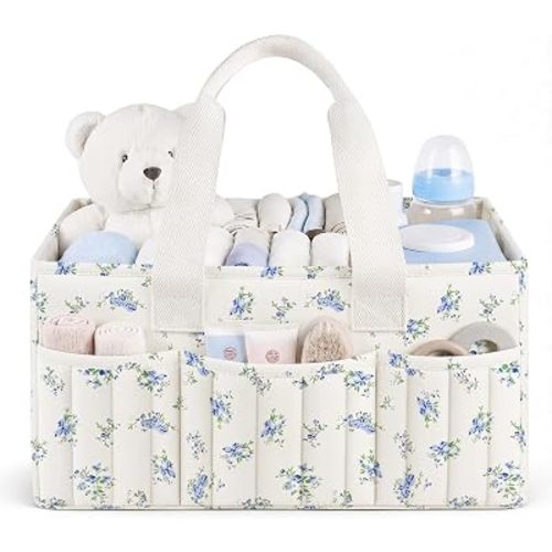 Floral Baby Diaper Caddy Organizer with Lid, Gift Basket for Baby Shower