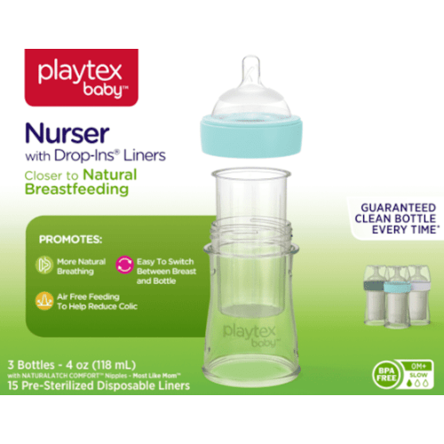 Playtex Baby Nurser Clear Anti-Colic Baby Bottle with 15 Drop-ins Liners, 4 oz, 3 Pack