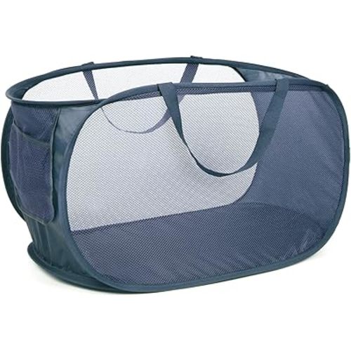 Durable Collapsible Laundry Baskets, Mesh Pop Up Laundry Hamper with Side Pocket, Foldable Clothes Storage Hamper with Reinforced Carry Handles for Laundry, Bathroom, Kids Room, Dorm or Travel Navy