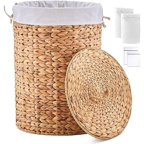 Round Water Hyacinth Laundry Hamper with Lid Handwoven Wicker Basket with Handles for Dirty Clothes, Storage, and Organization Ideal for Bedroom, Bathroom, and Laundry Room, No Assembly Required, 90L