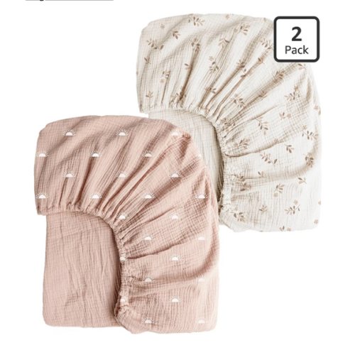 Konssy Muslin Crib Sheets for Girl Boy, 2 PCS Soft and Breathable Cotton Baby Sheets for Standard Crib Mattress, 52"x 28" (Pink Sun,Khaki Leaf)