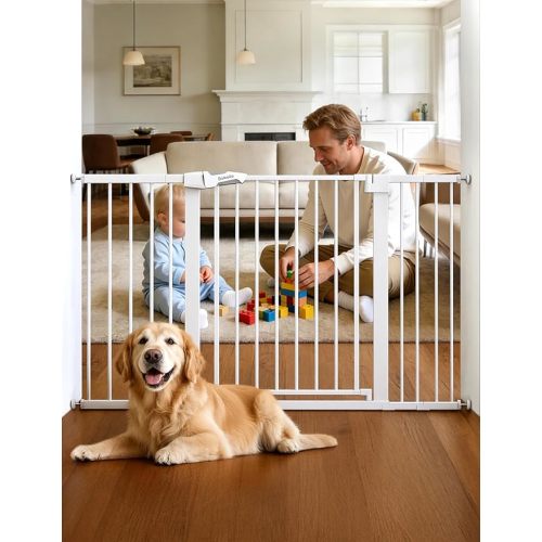 Babelio 36" Tall Baby Gate, PressGuard P7, 29-55" Auto Close Pressure Mounted Dog Gate for Doorways & Hallway, Basics Easy Walk Thru Pet Gate, Extra Wide Metal Child Gate, White