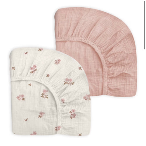 Mini Crib Sheets for Baby Boy Girl 2 Pack, Neutral Mini Crib Mattress Sheet 24" x 38", Muslin Nursery Bedding Soft and Breathable Comfort (Vintage Blossom & Pink)