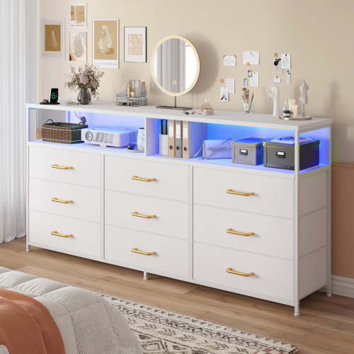 EnHomee White 9 Drawer Dresser for 65" TV, LED Lights, Power Outlet