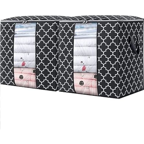 WISELIFE Storage Bags 2 Pack/100L Large Blanket Clothes Organization and Storage Containers for Comforters,Bedding, Foldable Organizer with Reinforced Handle, Clear Window, Sturdy Zippers,Black