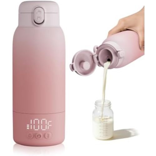 YKV Portable Bottle Warmer for Travel, Baby Milk Warmer with Fast Heating & Long Battery Life, 17 Ounces Large Capacity Bottle Warmer with Long-Lasting Keep Warm Function,Light Pink