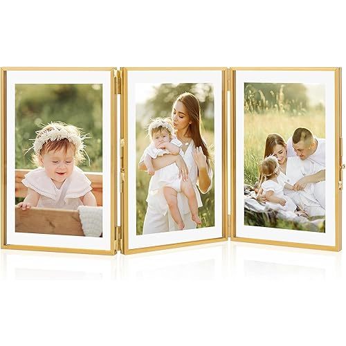 Gold 4x6 Triple Picture Frame, Gold Folding Picture Frames with Three Opening, Hinged Glass Floating Picture Frames for Artwork Photo Stand on Tabletop