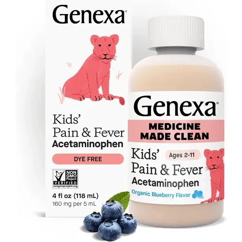 Genexa Children's Clean Acetaminophen | Pediatrician Preferred Ingredients | Pain & Fever Reducer for Kids | Dye Free, 0% Artificial Additives | Ages 2-11, Delicious Organic Blueberry Liquid, 4 fl oz
