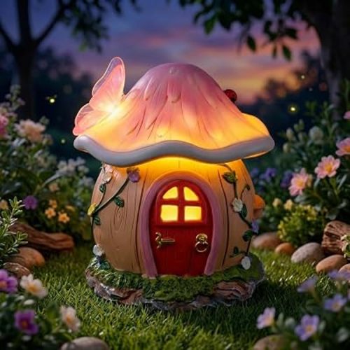 Fairy House Figurine with Solar Powered Lights,Funny Mushroom House Statue,Garden Statue,Yard Decor,Outdoor Decorations,Gift for Garden Lovers Mom Women