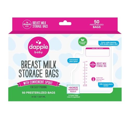 Dapple Breast Milk Storage Bags with East Pour Spout, Leakproof Double Zipper, BPA-Free, Pre-Sterilized, Temperature Sensor, Freezer-Safe, Pump Directly Into Bag, 8oz, 50ct