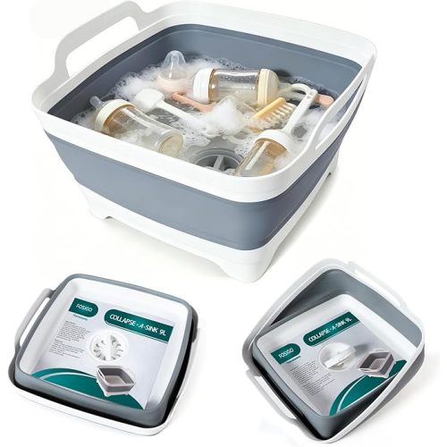 Collapsible Dish Basin with Drain Plug, 2.4 Gal (9L) Space-Saving Foldable Sink, Wash Basin for Kitchen, Baby Bottles, Vegetable Washing, Camping, RV and Party Beverage Tubs