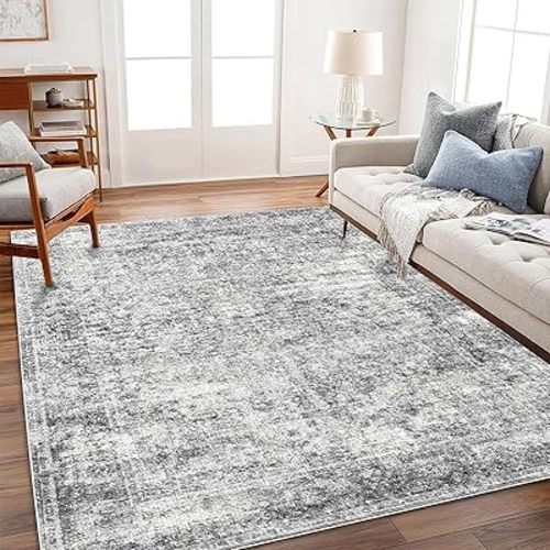 Area Rug 6x9 Washable Rug Gray Vintage Traditional Floor Cover Thin Rug Retro Kitchen Indoor Distressed Non Slip Carpet Floral Print Mat Living Room Bedroom Dining Room