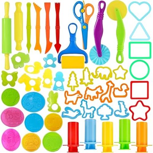 Dough Tool Set, 49 Pcs Dough Tools Sets for Kids Ages 4-8, Dough Accessories Includes Animal Molds, Cutters Roller, Rolling Pins, Safety Scissors, Plastic Knife
