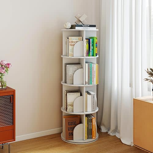 Rotating Bookshelf Tower, 4 Tier Spinning Bookcase Lazy Susan, Revolving 360° Book Shelf Storage Round Carousel, Vertical Rotate Turning Spiral Corner Organizer for Bedroom, Living Room, Office
