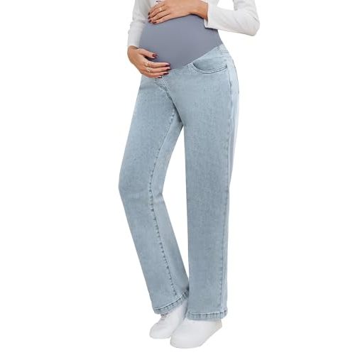 fitglam Women's Maternity Jeans Straight Leg Relaxed Fit Over Belly Pregnancy Denim Work Pants Maternity Clothes with Pockets