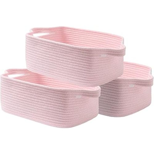 KALLAX Small Woven Basket, 14 x 10 x 5.6 Inches, Small Storage Baskets for Organizing, Gift Baskets Empty, Cute Rope Shelf Closet Storage Bins for Shelves, Dog Toy Basket, Light Pink