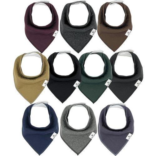Diaper Squad 10-Pack Organic Baby Bandana Drool Bibs | Super Absorbent & Adjustable | Triangle Bandana Bibs Style | 100% Soft Cotton | Solid Deep Dark Colors
