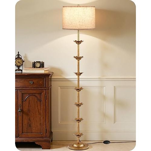 63.8” Floor Lamp with Landen Leaf, Antique Gold Standing Lamp with Foot Switch, Metal, Beige Linen Drum-Shaped Shade, Bulb Not Included, for Bedroom, Living Room D20LD05