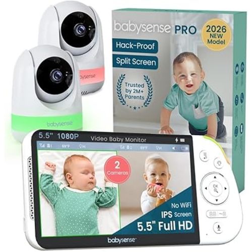Babysense PRO Full HD 5.5" Split Screen Baby Monitor with 2 Cameras, 6-Color Night Light, White Noise, Sound & Light Machine, 20-Hour Battery, Hack-Proof Non-WiFi Secure Connection
