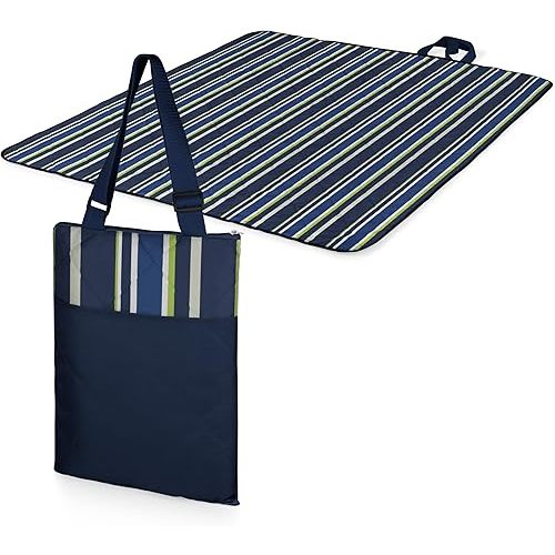 ONIVA - a Picnic Time brand - Vista Outdoor Picnic Blanket & Tote - Beach Blanket - Camping Blanket, (Blue Stripe Pattern with Navy Blue Exterior)