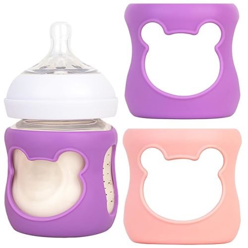 100% Silicone Baby Bottle Sleeves for Philips Avent Natural Glass Baby Bottles, Premium Food Grade Silicone Bottle Cover, Cute Bear Design, 4oz, Pack of 2 (Pink/Purple)