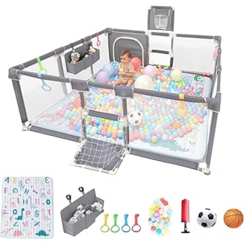 Playpen for Babies and Toddlers,73"x71"Baby Playpen with Mat Indoor&Outdoor with Breathable Play Pen with Ocean Balls Hanging Pocket Basketball Hoop and Football Goal (Grey with Mat, 73"x71")