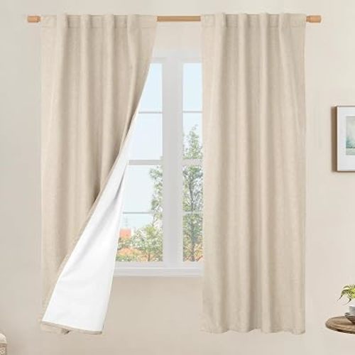 100% Blackout Linen Curtains 63 Inches with White Liner 2 Panels