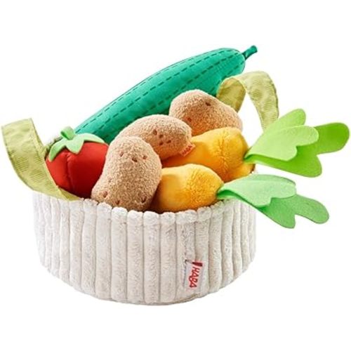 HABA Play Food Set - Soft Veggie Basket with Cucumber, Tomato, Carrots & Potatoes – Pretend Play Kitchen Toy for Kids & Toddlers - Kitchen Playset & Accessories for Ages 3 and Up