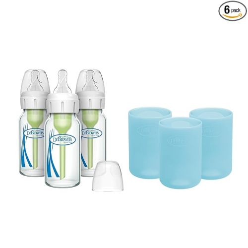 Dr. Brown's Anti-Colic Options+ Narrow Glass Baby Bottles 4 oz/120 mL, with Level 1 Slow Flow Nipple, 3 Pack 0m+ with Blue 100% Silicone Sleeves, BPA-Free