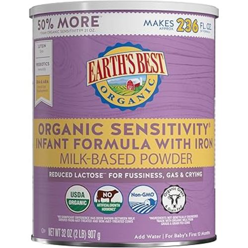 Earth's Best Organic Sensitivity Infant Formula for Babies 0-12 Months, Reduced Lactose Powder Formula with Iron, Omega-3 DHA, and Omega-6 ARA, 32 Ounce Value Container